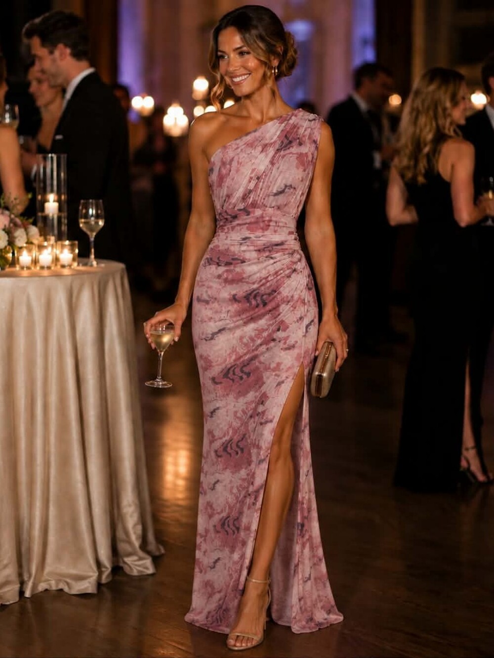 Source Unknown One-Shoulder Pink Marble Print Gown